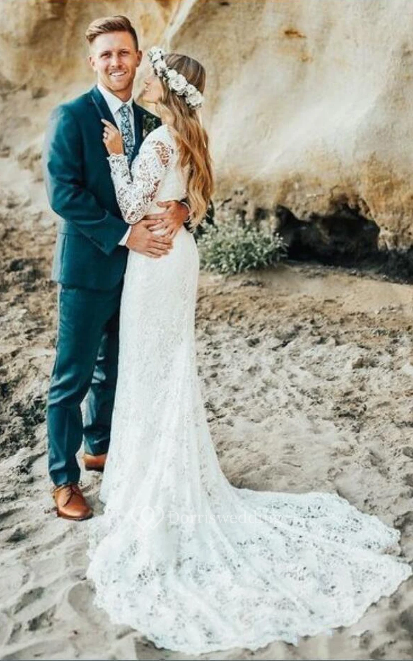 Vestido de novia bohemio de manga larga con encaje, corte modesto y falda acampanada view 2