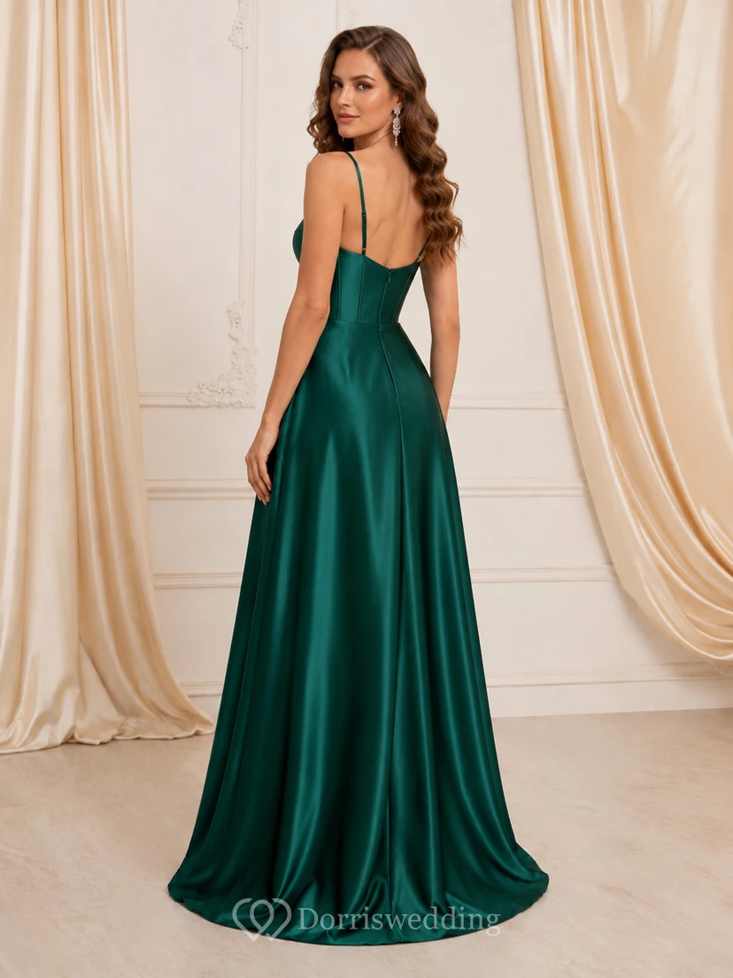 Sexy Emerald Satin Graduation A Line Floor Length Spaghetti Sweetheart Split Gown view 2