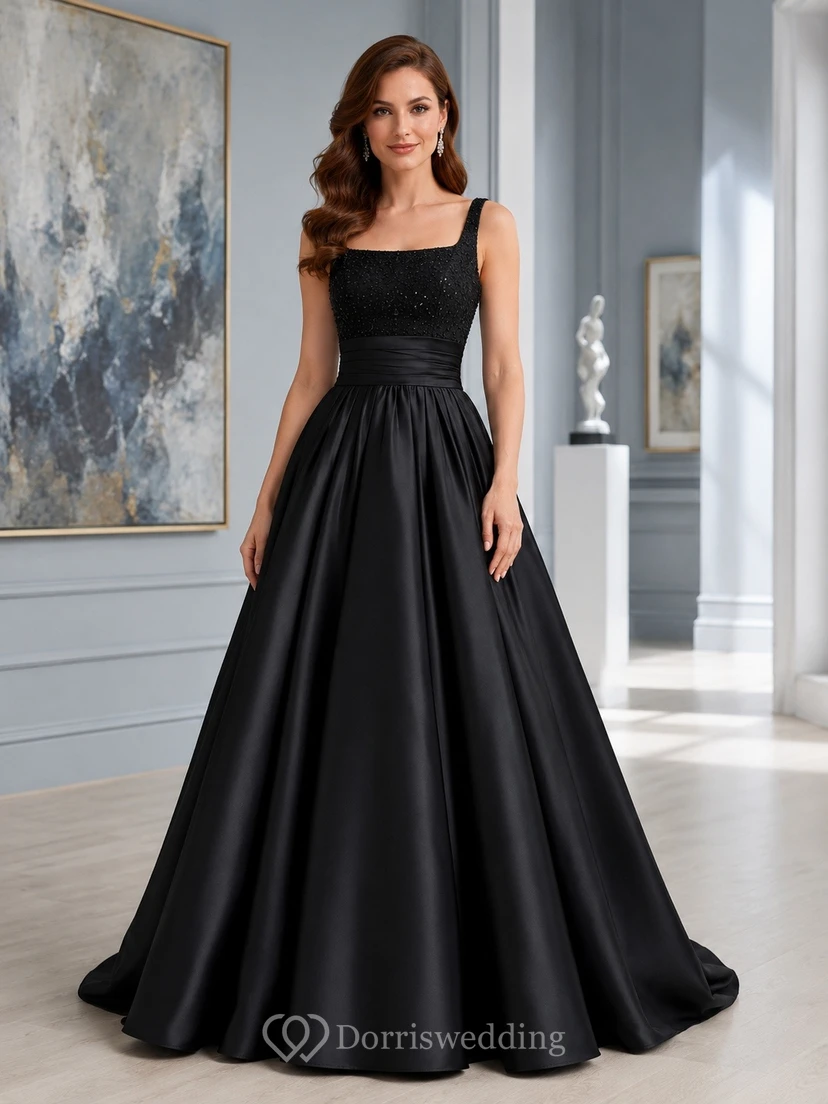 Black Simple Square Neck Satin Princess Ball Gown Formal Dress