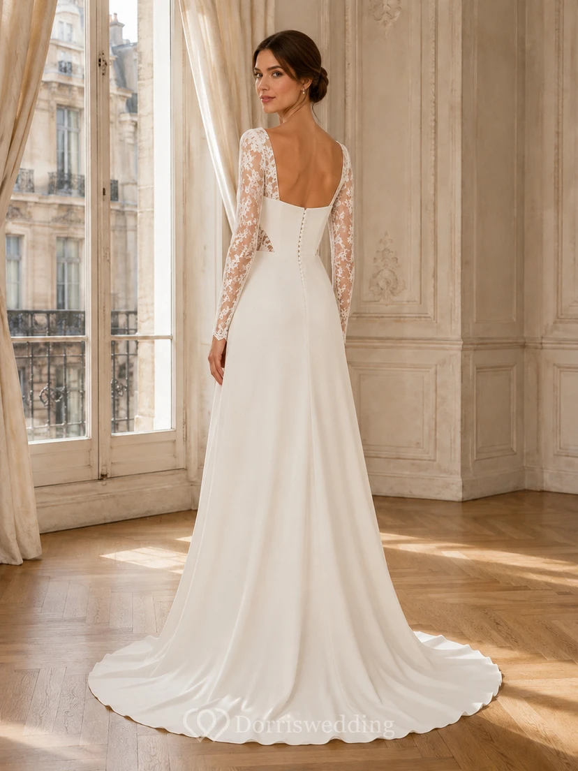 Robe de mariée classique en satin et dentelle, col carré, manches longues, coupe trapèze, traîne, manches fleuries, style vintage view 2
