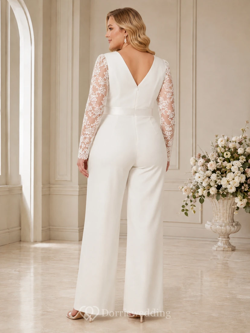 Braut-Jumpsuit aus Satin und Spitze mit eckigem Ausschnitt, langen Ärmeln und bodenlanger Länge view 2