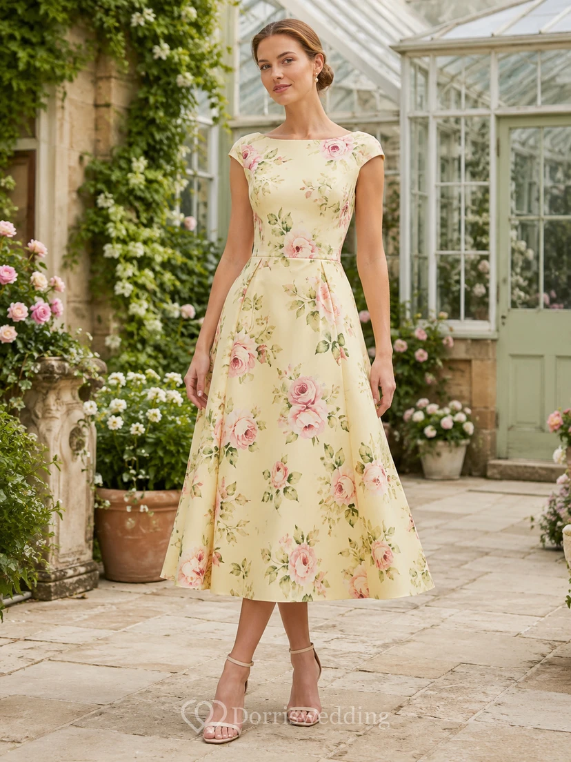 Daffodil Jewel Cap Sleeve Floral Print A Line Tea Vintage Guest Dress