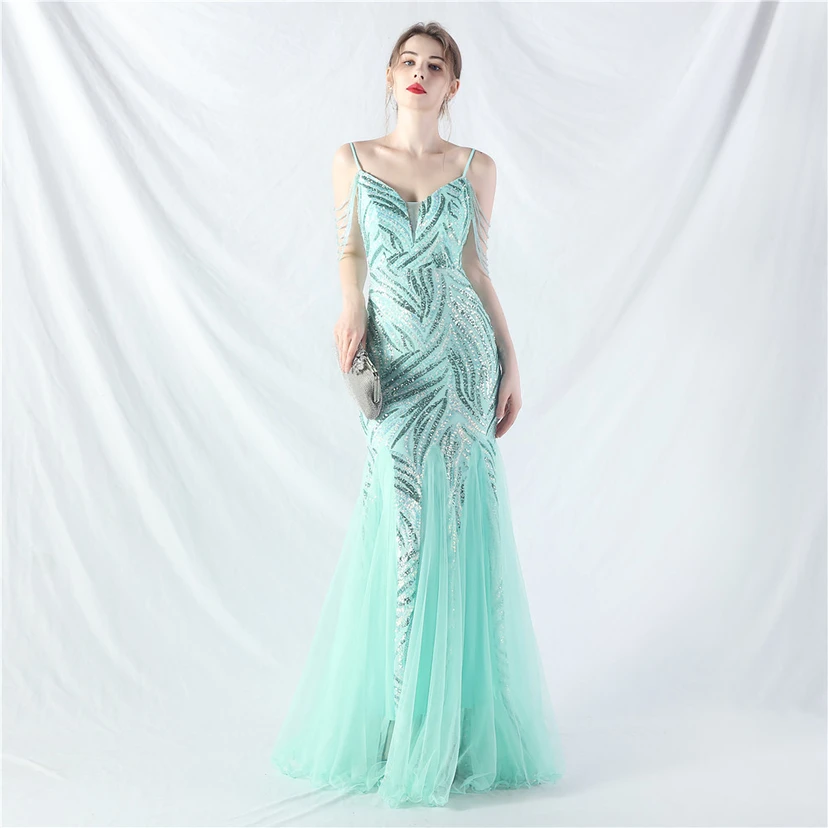 Layered Beads Spliced ​​Mesh High-End Evening Dress view 4