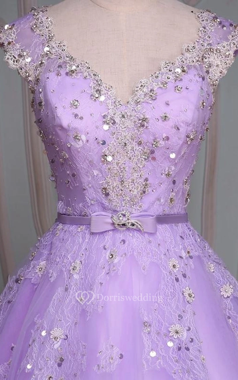 Ball Gown Floor-Length V-Neck Bell Cap Beading Flower Corset Back Tulle Lace Sequins Dress view 14