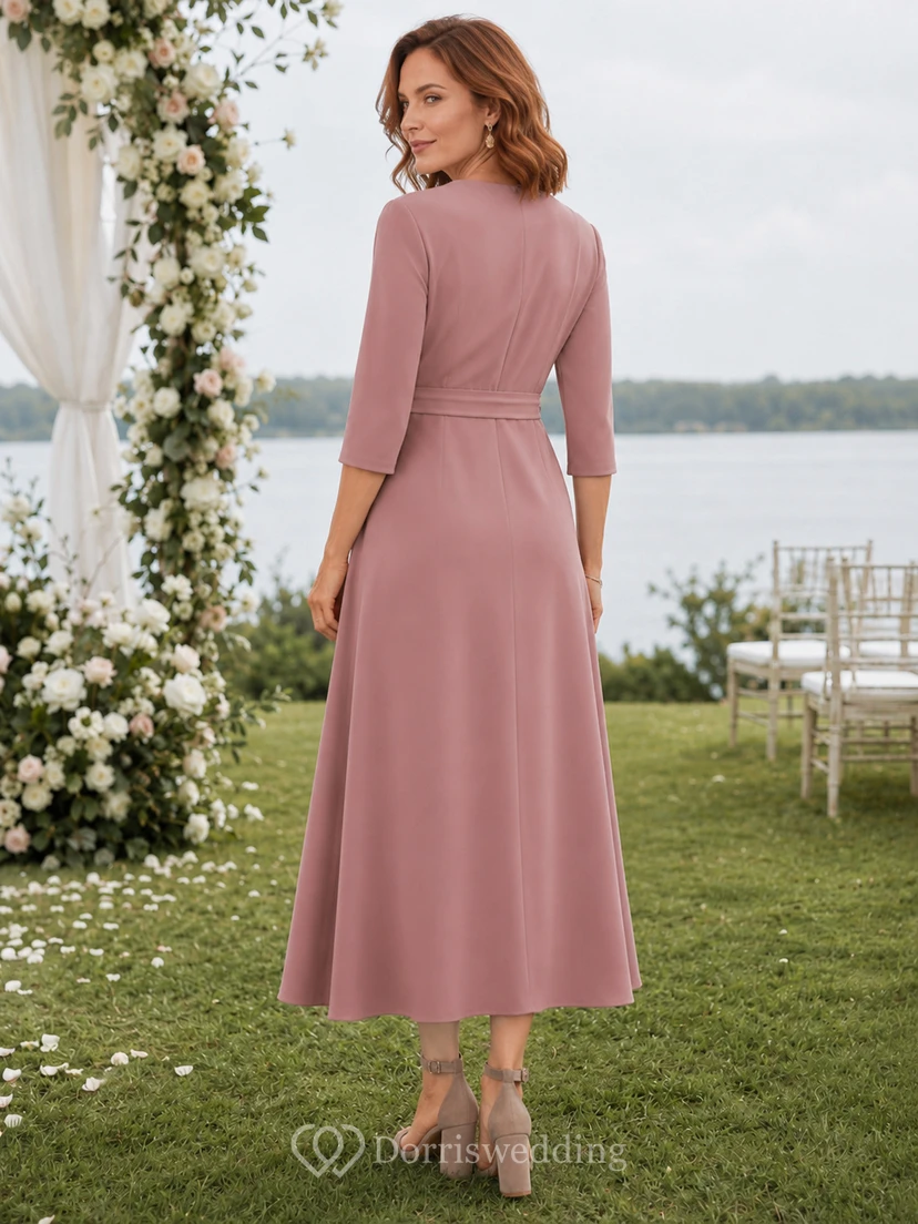 Altrosafarbenes Wickelkleid mit Dreiviertelärmeln, Midi-Länge, Gästekleid view 2