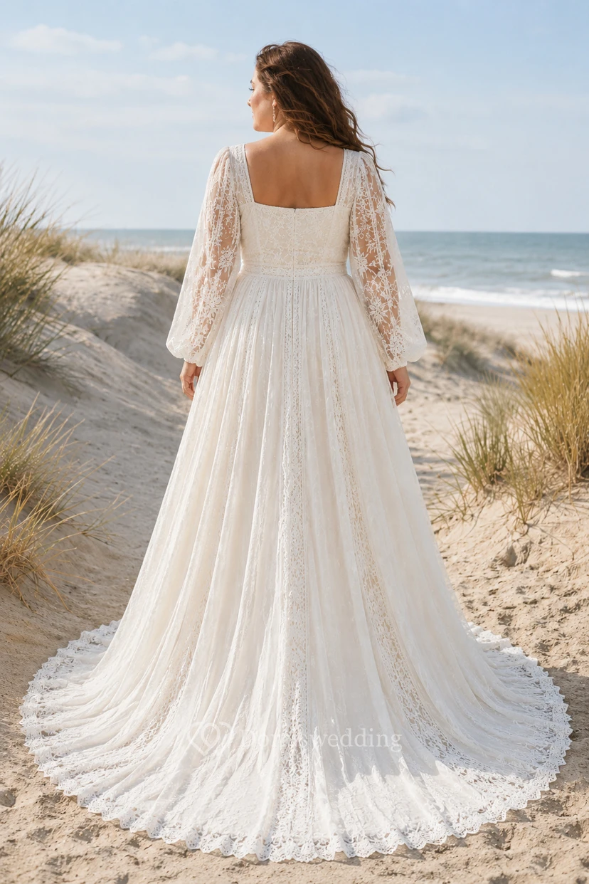 Plus Size Square Neck Empire Chiffon Wedding Dress with Long Lace Sleeves view 2