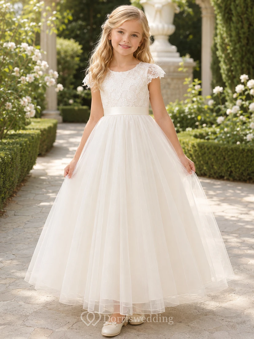 Blumenmädchenkleid aus elfenbeinfarbener Spitze und Tüll, A-Linie, kurze Ärmel, Rundhalsausschnitt, Teelänge