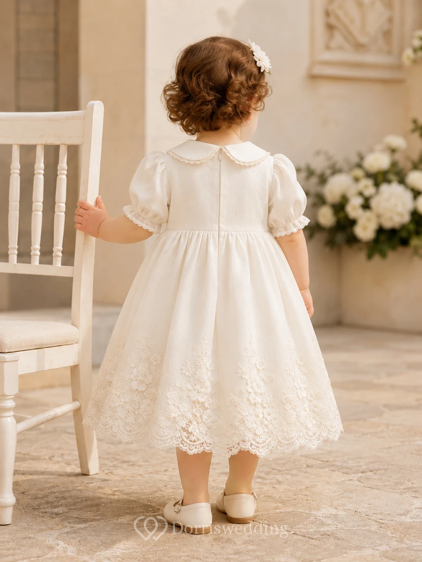 Collared Baptism Dress A-Line Cotton Lace Short Sleeve Vintage Skirt view 2