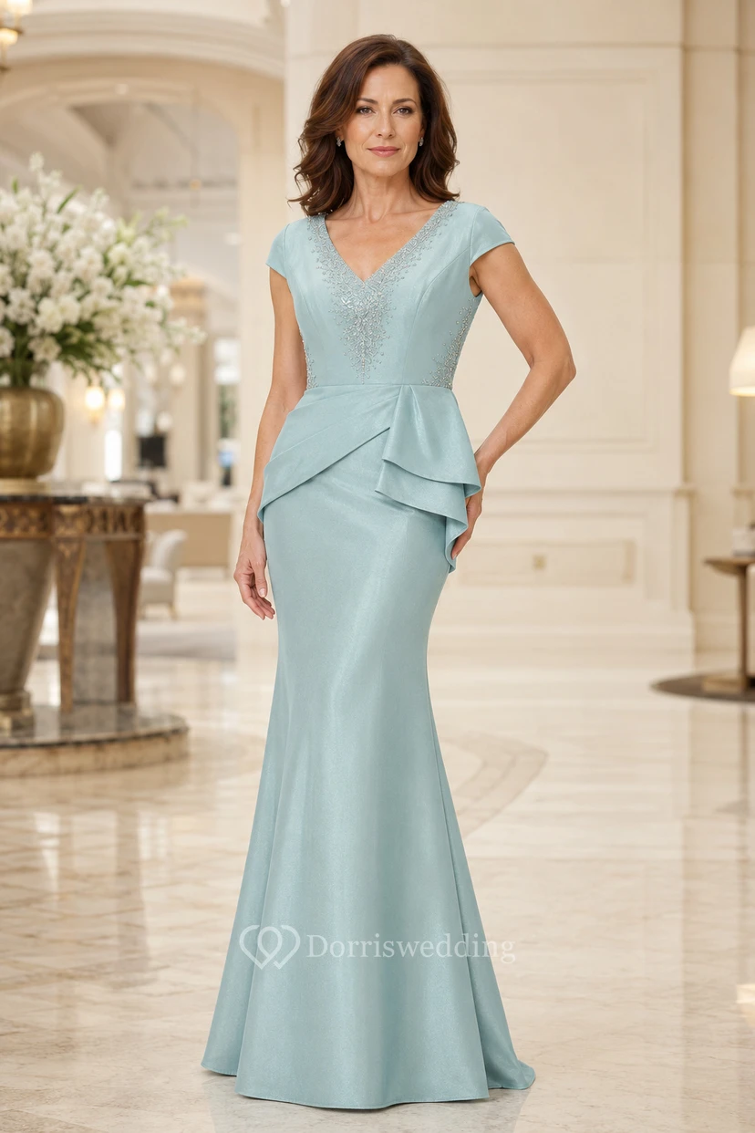 Türkisfarbenes Meerjungfrauen-Kleid mit Schößchen und V-Ausschnitt am Oberteil