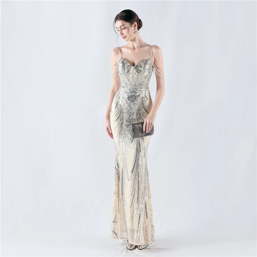 Waist-Reduced Fishbone Shaping Positioning Flower Sequined Anchor Sexy Beaded Suspender Evening Dress view 5