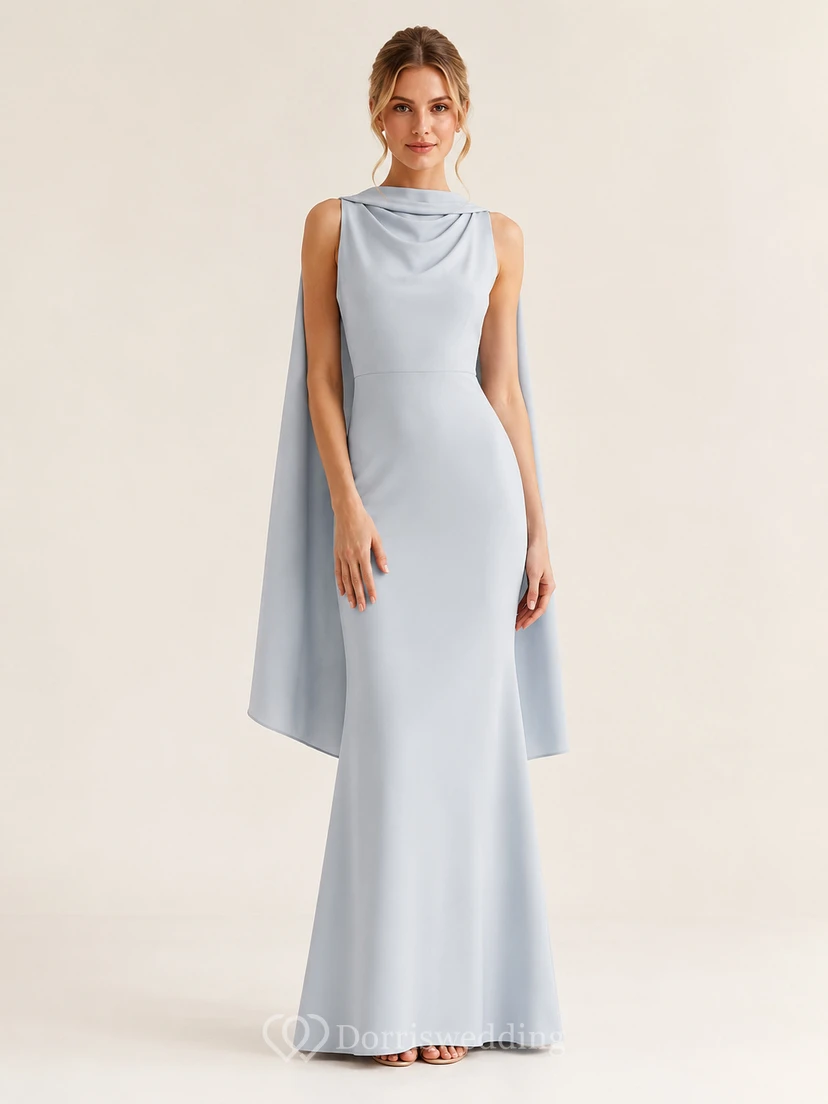 Pale blue high neck cape sleeve floor length sheath dress