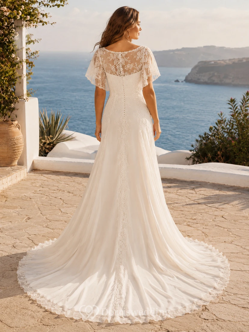 Robe de mariée bohème longue à manches papillon et dentelle, style romantique, pour la plage view 2