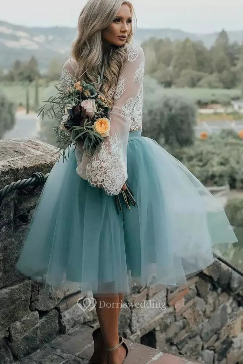 Zweiteiliges, a-Linienförmiges, langärmeliges Homecoming-Kleid aus Spitze und Tüll in Teelänge