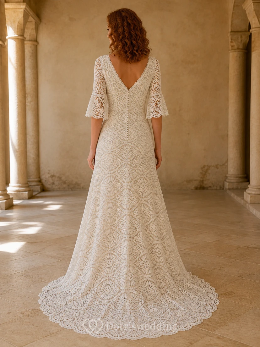 Vestido de novia bohemio de manga tres cuartos, estilo sirena, con escote en V, encaje geométrico con medallón y cola catedral. view 2