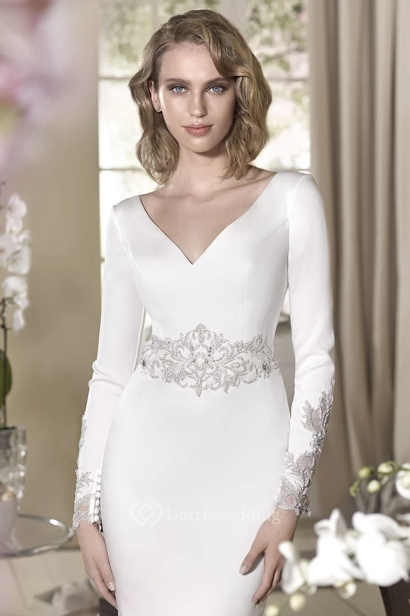 Sheath Beaded Long-Sleeve Floor-Length V-Neck Jersey Modest Wedding Dress view 3