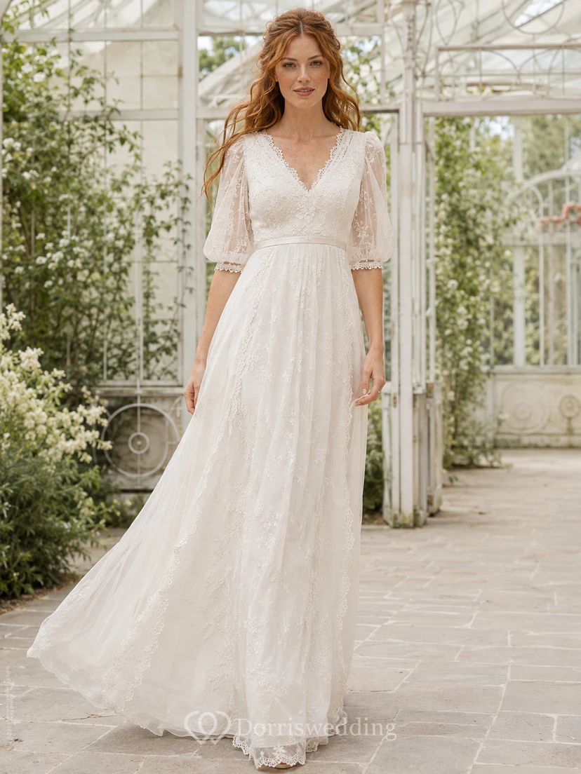 Elegant Chiffon Lace Deep V Three Quarter Sleeve A-Line Sweep Train Bodice Estate Wedding Dress