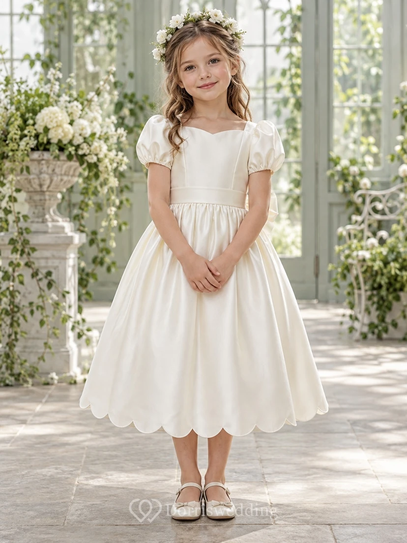 Simple Tea-length Ivory Satin Sweetheart Puff-sleeve Sashed Gathered Scalloped-hem Bow-back Flower Girl Dress