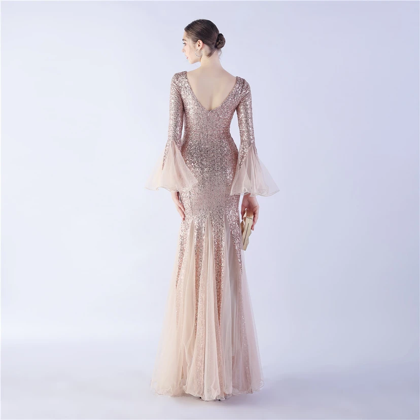 Vestido de noche con lentejuelas, bordado de malla encriptada, estilo artesanal de seda de pez y borde ondulado. view 29