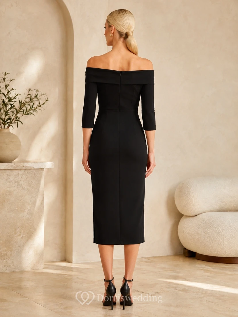 Schwarzes Samt-Cocktailkleid in Midi-Länge, schulterfrei, langärmelig, Etuikleid view 2