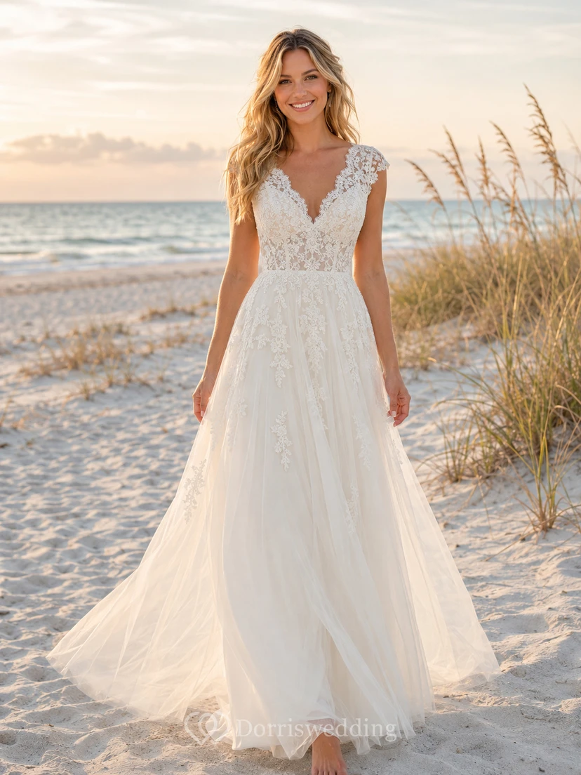 Vintage Brautkleid im Küstenstil mit V-Ausschnitt, A-Linie und Spitze