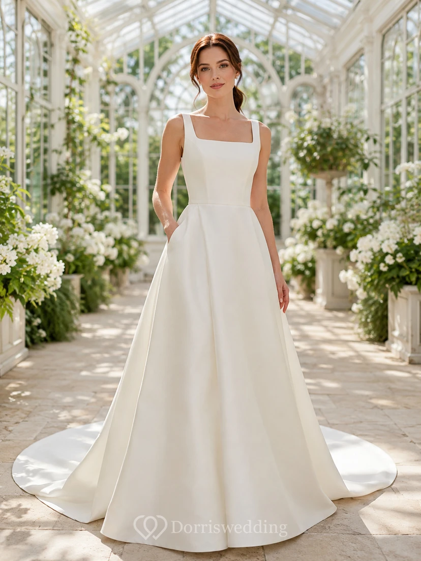 Brautkleid aus Satin, A-Linie, trägerlos, mit Schleppe