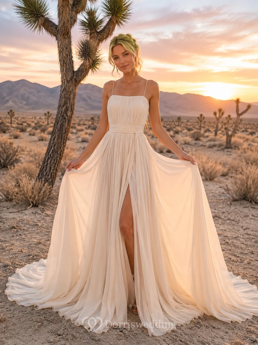 Boho Spaghetti Strap Split Flowing Chiffon Desert Elopement Dress