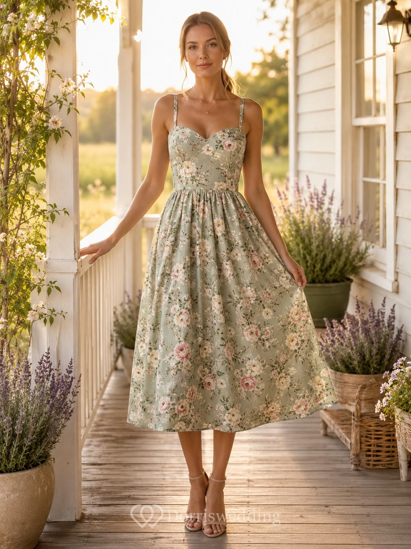 Sage floral spaghetti strap sweetheart farmhouse guest midi dress