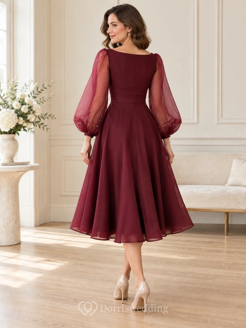 Modest Long Sleeve Burgundy Bateau Satin Tea Length Cocktail Dress view 2