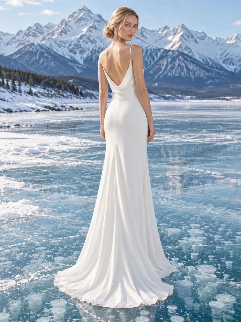 Vestido de novia sencillo de georgette con escote drapeado, tirantes finos y cola larga. view 2