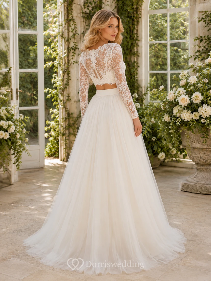 Beach Lace Tulle Wedding Dress Two Piece V-Neck Long Sleeve Sweep Train Bridal Gown view 2