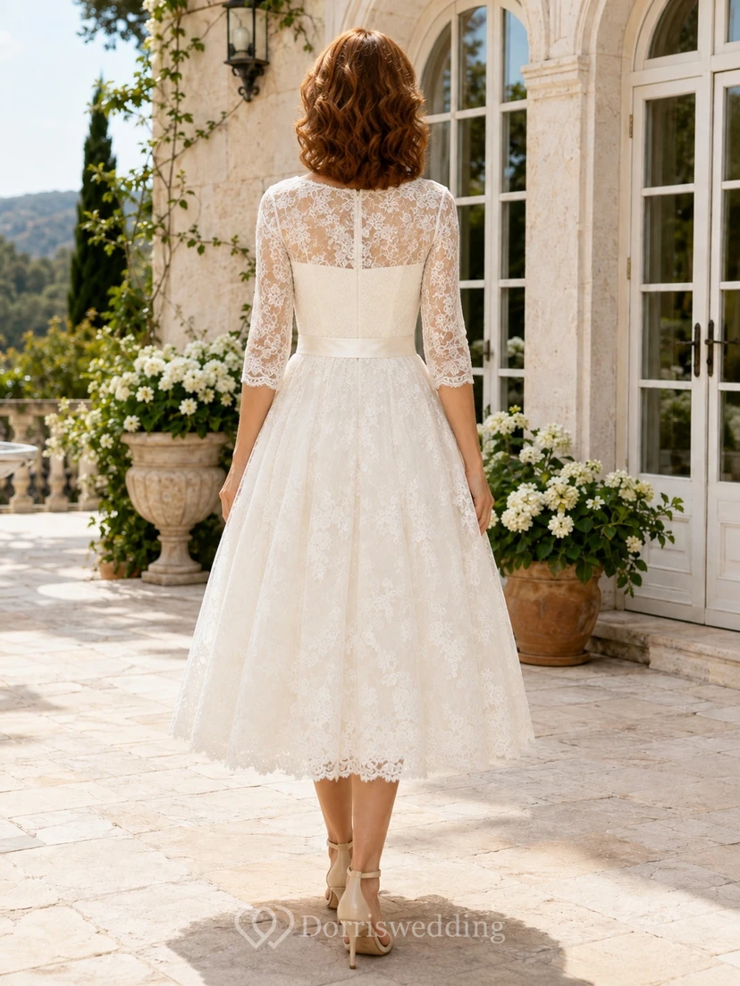 Brautkleid mit Dreiviertelärmeln, Spitze, A-Linie, Teelänge und Muschelsaum view 2