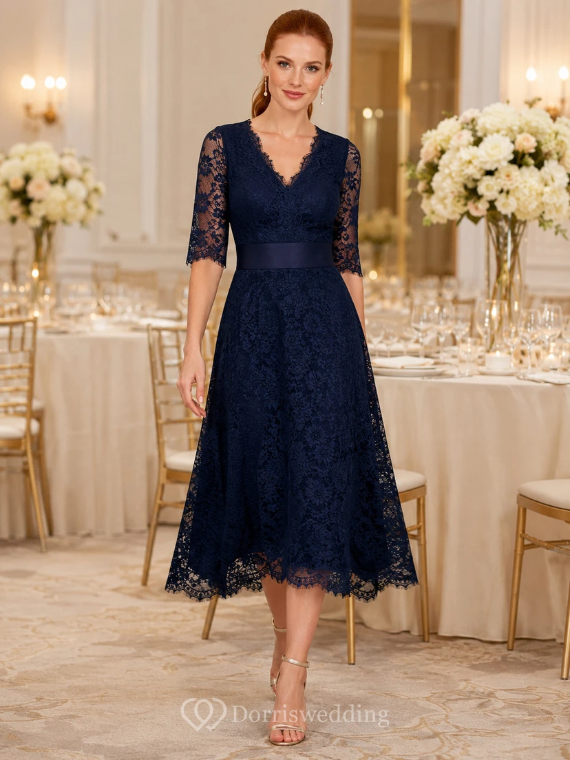 Dark Navy Lace V Neck Three Quarter Sleeve A Line Midi Dress