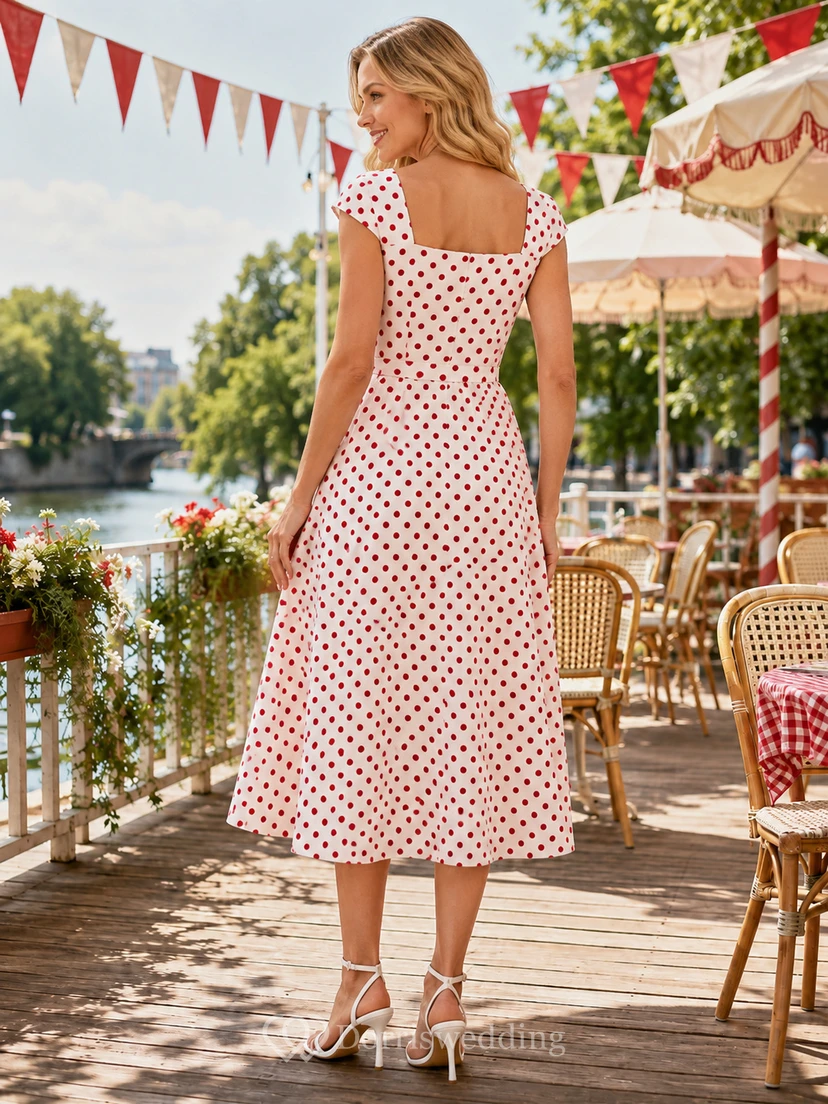 Vintage White Red Polka Dot Guinguette A Line Tea Length Square Neck Dress view 2