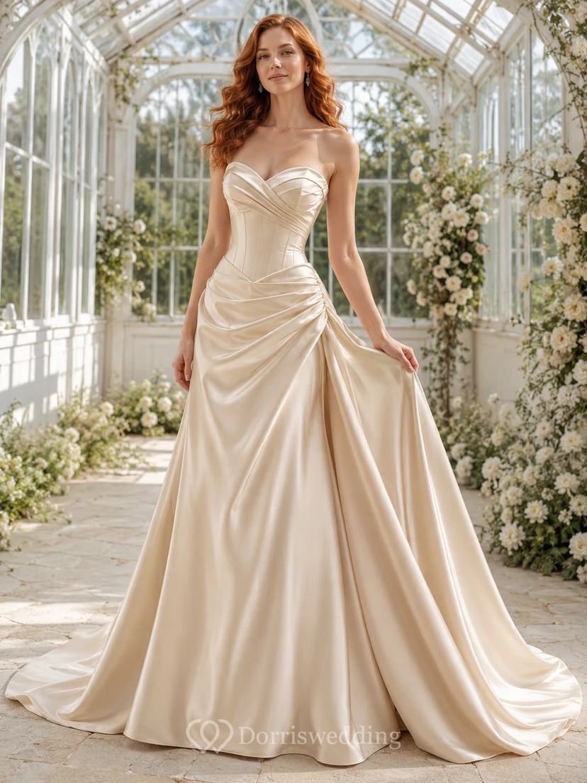 Robe de mariée asymétrique en satin drapé à une épaule, coupe ajustée.