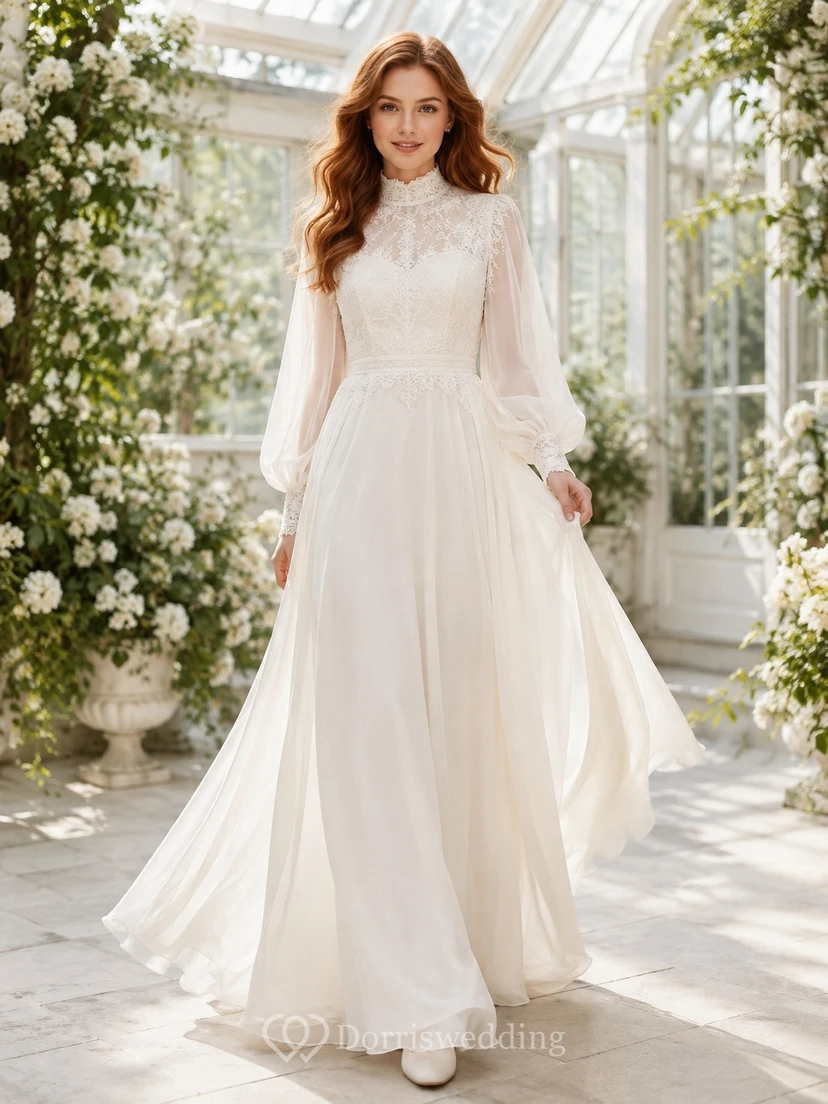 Elegantes, romantisches Brautkleid aus Chiffon mit hohem Kragen, langen Ärmeln und A-Linien-Schnitt, bodenlang, schlicht und romantisch für den Gartenstil