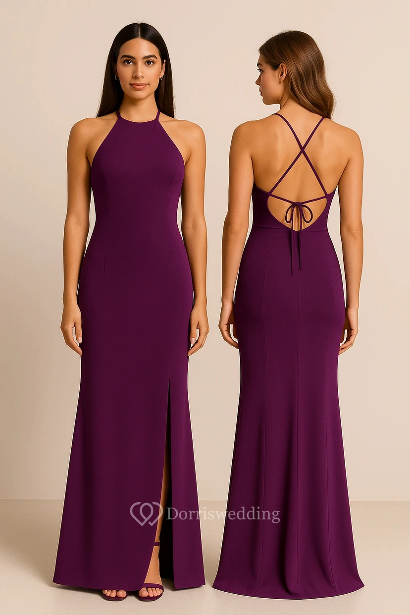 Purple Halter Sheath Front Split Floor-length Dress  view 3