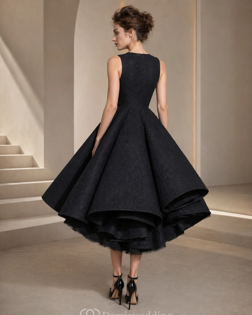 Vestido de cóctel/boda/fiesta negro formal gótico asimétrico con volantes y múltiples capas y escote joya view 2