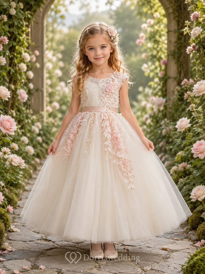 Vestido de niña de flores romántico color marfil, corte en A, tul, manga corta, escote redondo, largo midi, apliques florales.