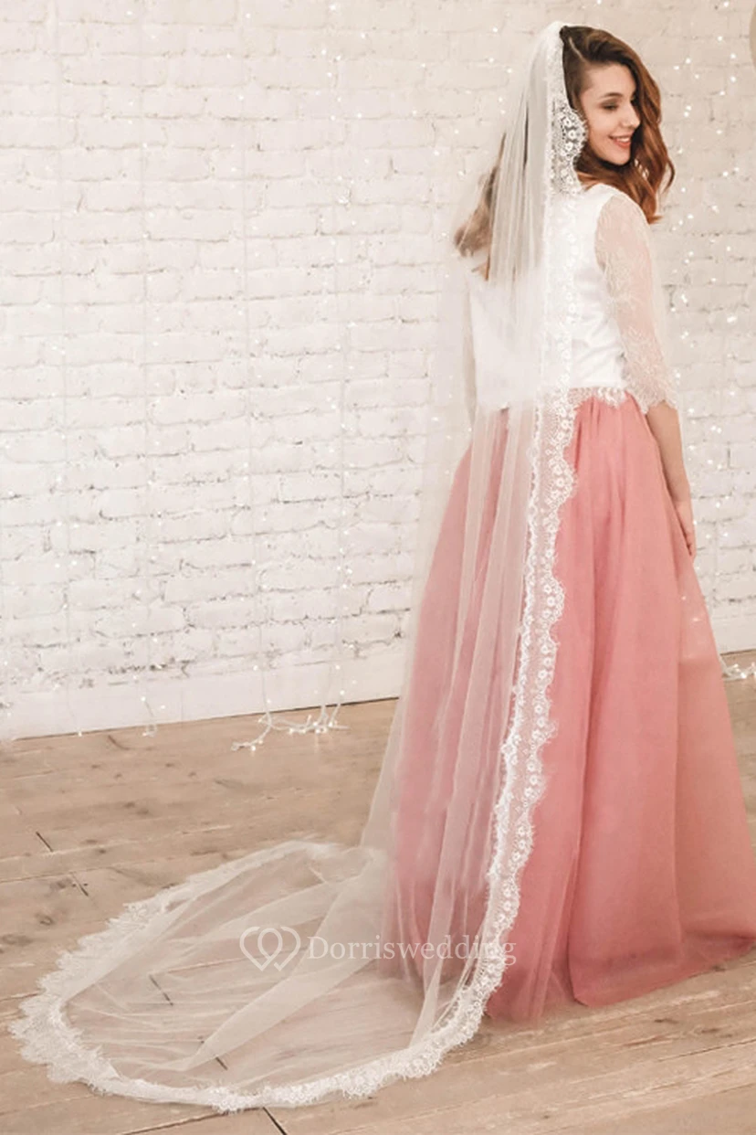 Romantic Style Long Tulle Wedding Veil with Lace Edge view 3