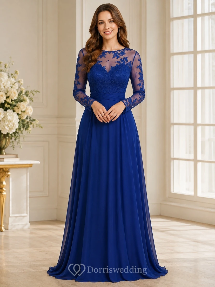 Royal Blue Lace Long-Sleeve V-Neck A-Line Floor-Length Dress