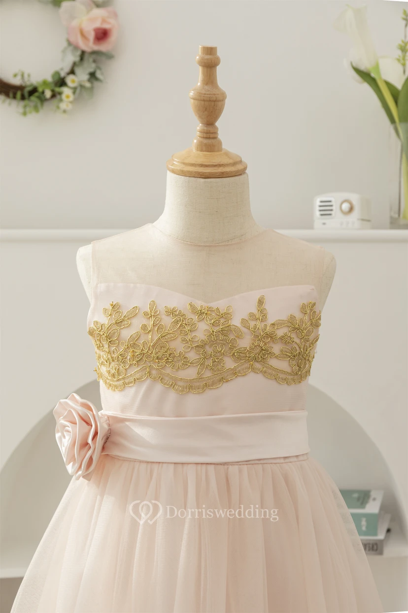 Jewel-neck Two-Tone Applique A-line Tulle Empire Flowergirl Dress view 8