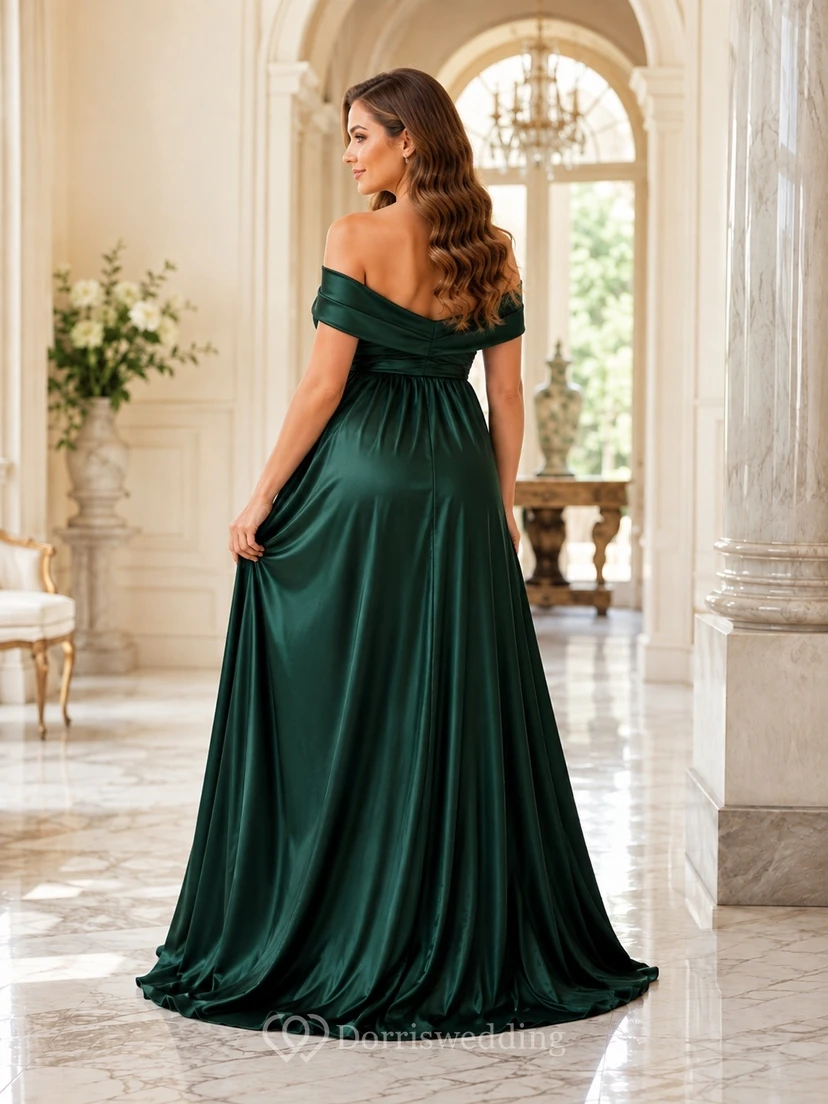 Robe de soirée longue en satin vert foncé à épaules dénudées, modèle maternité view 2