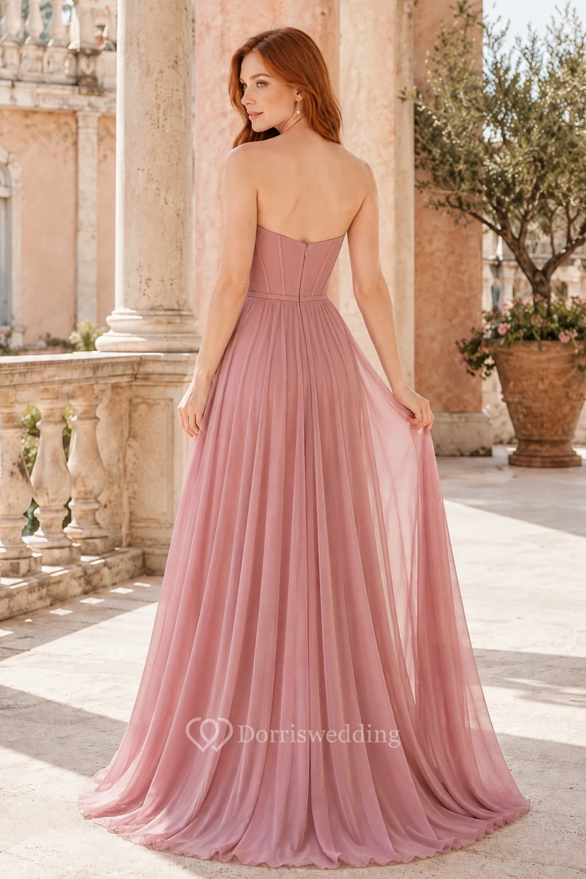 Abendkleid aus altrosafarbenem Chiffon, A-Linie, trägerlos, bodenlang view 2