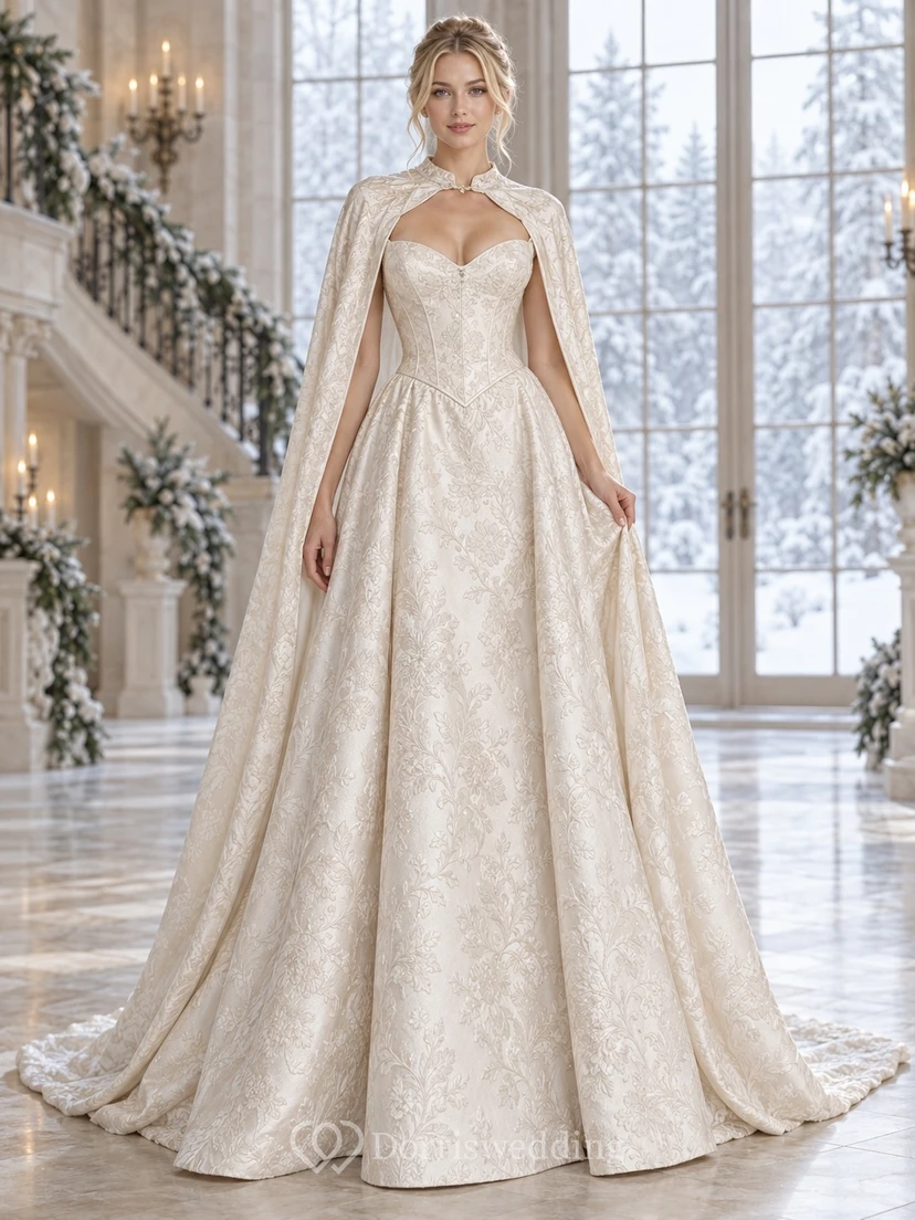 Vestido de novia de corte A con capa de brocado floral tejido y escote corazón puntiagudo en la cintura.