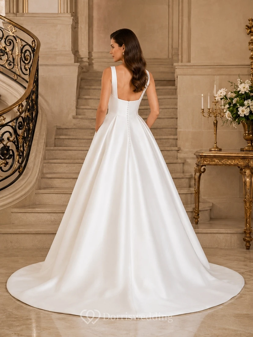 Elegant Square Neck Sleeveless Satin A-Line Cathedral Train Bridal Gown view 2