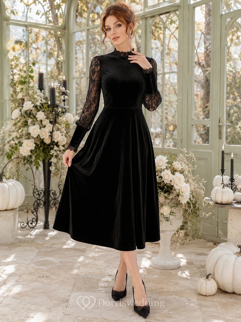 Robe d'Halloween midi en velours noir à col montant et manches en dentelle