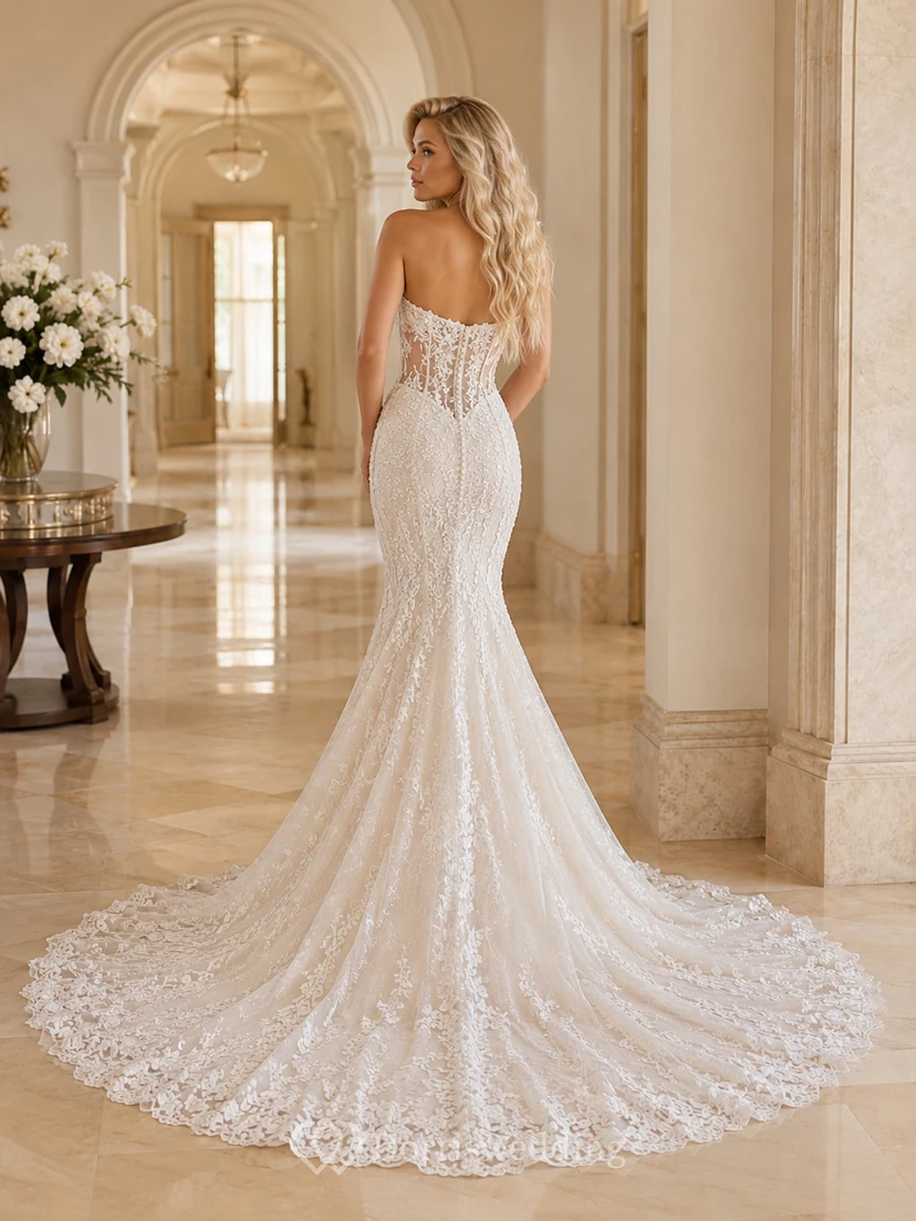 Robe de mariée sirène bustier en dentelle sans couture avec traîne cathédrale et applications florales pour la réception view 2