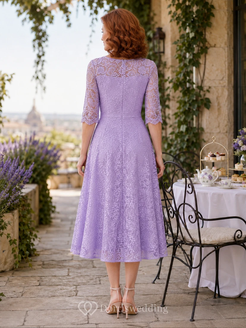 Lilac Three Quarter Sleeve Floral Lace Charity Tea Dress view 2