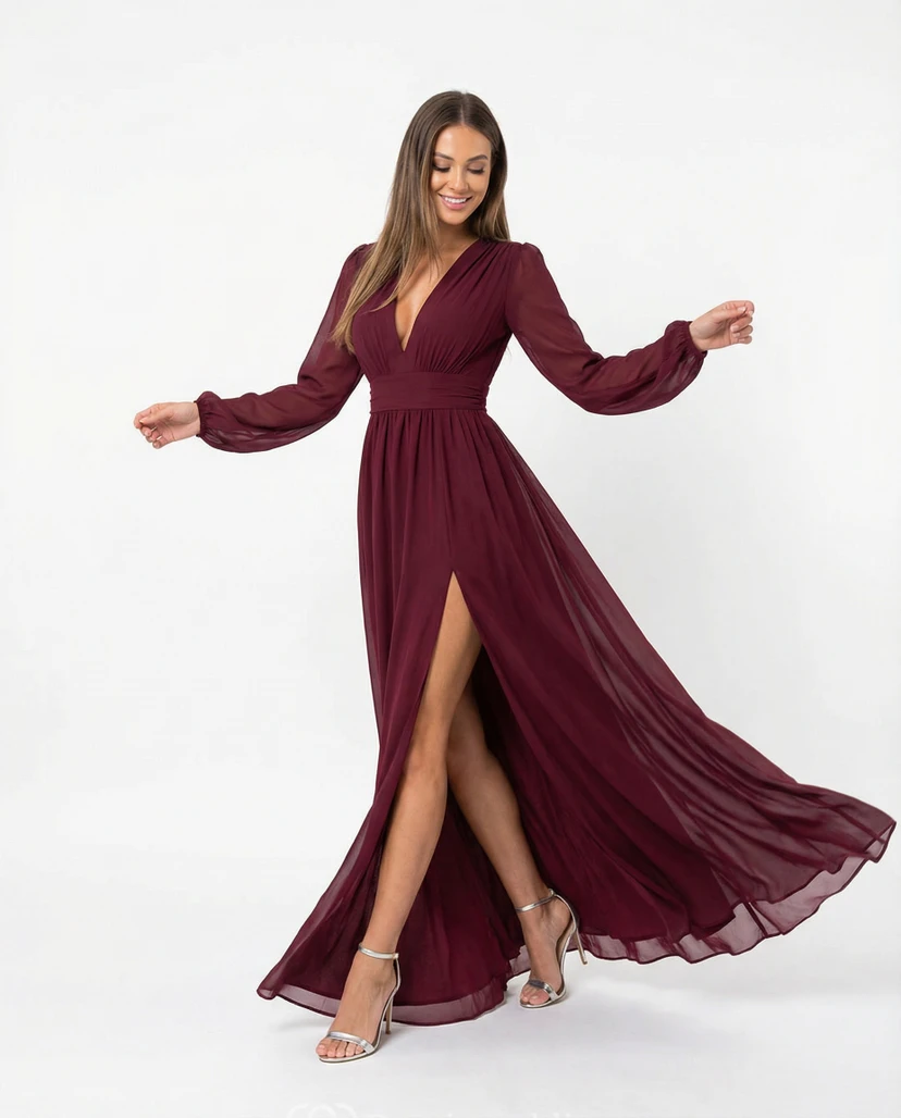 Robe de cocktail bordeaux à manches longues et col en V