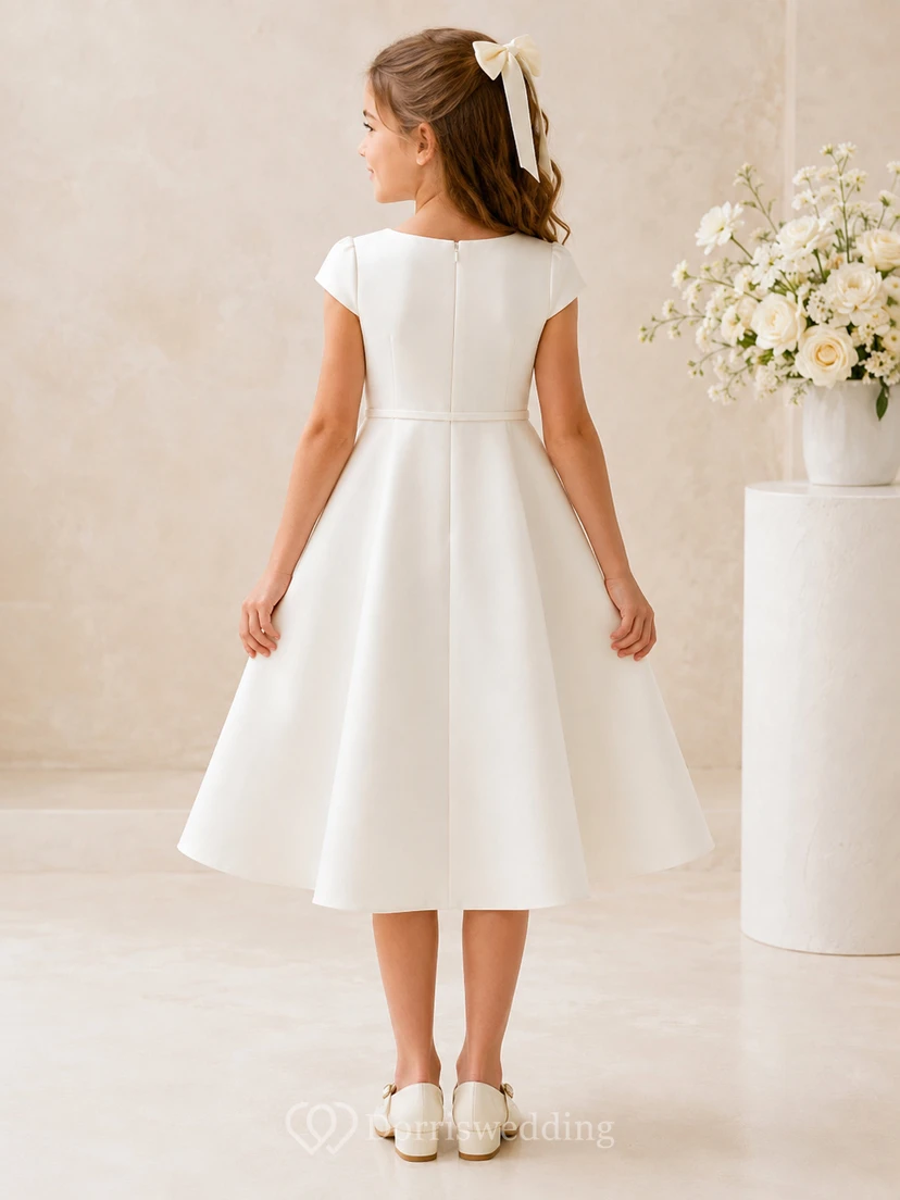 Vestido sencillo de corte A para niña de las flores con cuello joya y mangas cortas, de satén blanco, para ceremonia limpia. view 2